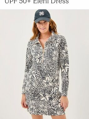 Lilly Pulitzer Black & White Floral Zip-Front Long Sleeve Dress